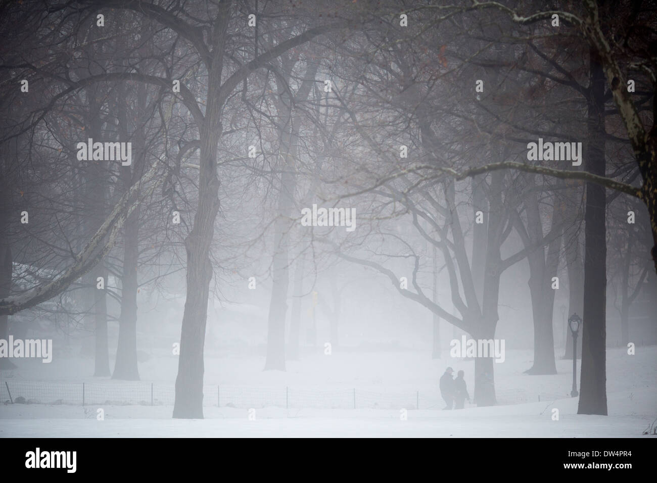 Manhattan in New York City in Nordamerika, im Bild Grand Central Park Liebhaber zu Fuß im Schnee und Nebel Stockfoto