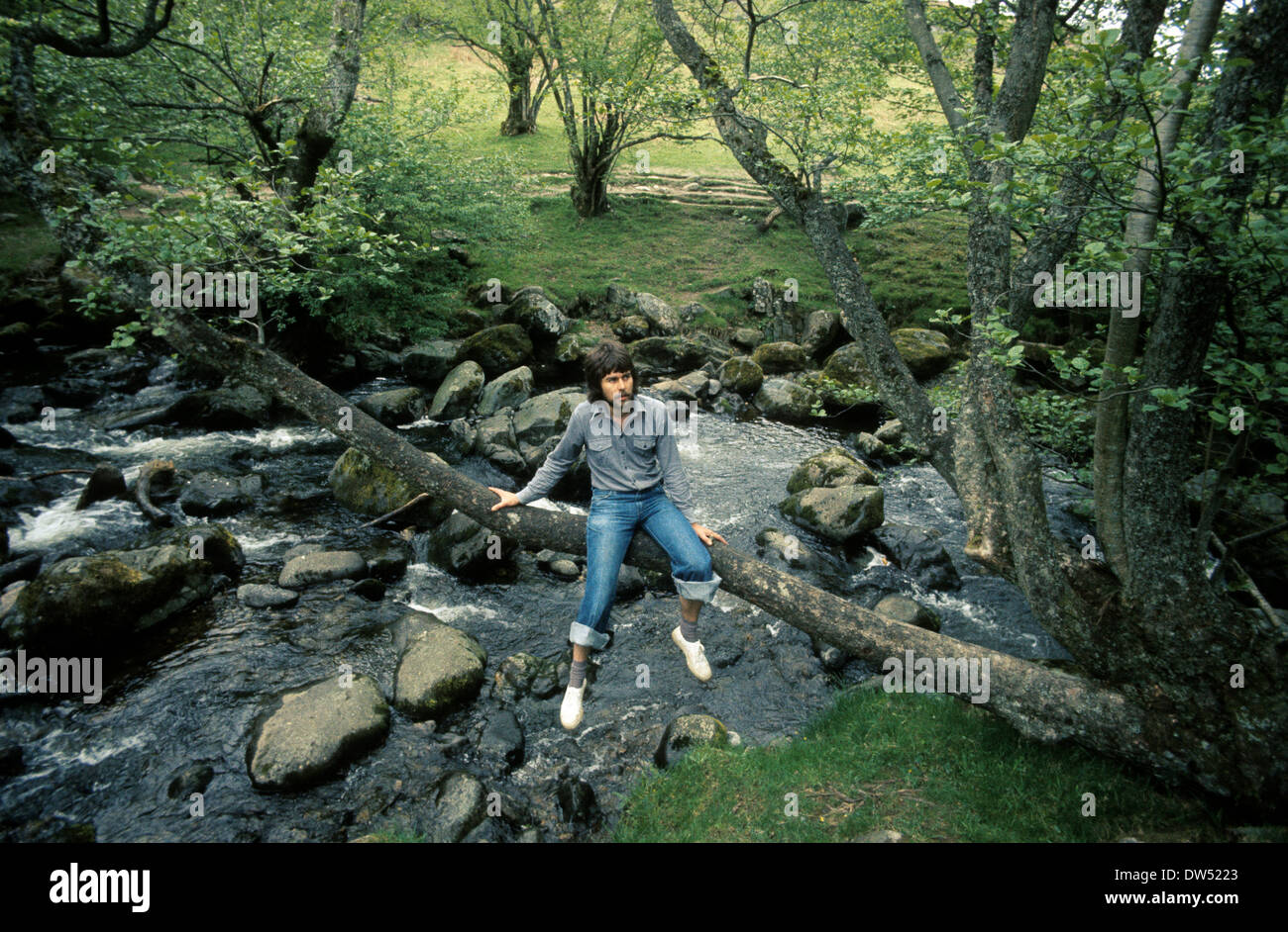 Junger Mann, der auf einem Baumzweig am Waldstrom sitzt, Lake District 1970er, Großbritannien Stockfoto