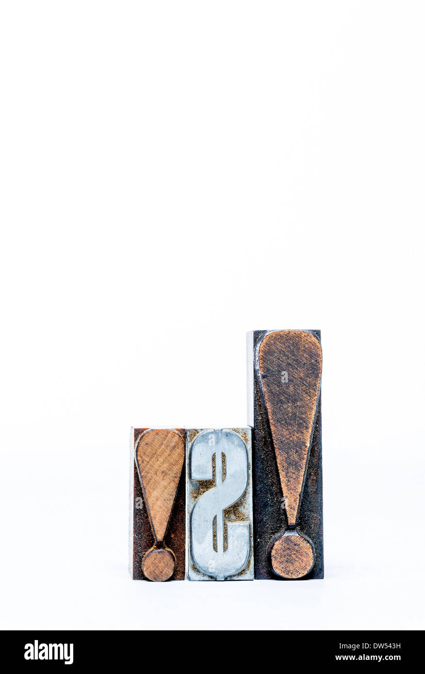 aus Holz und Metall Movable Type von uns Dollarzeichen und Ausrufezeichen Stockfoto