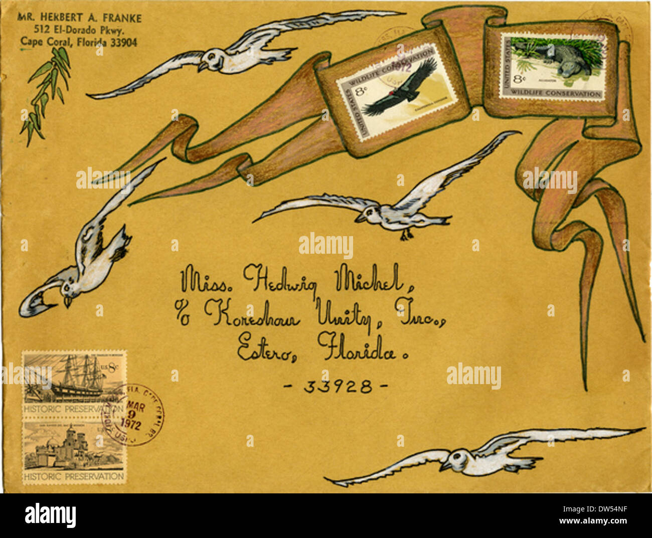Umschlag mit Herbert A. Franke geschmückt und an Koreshan Unity Präsident Hedwig Michel, Estero, Florida Stockfoto