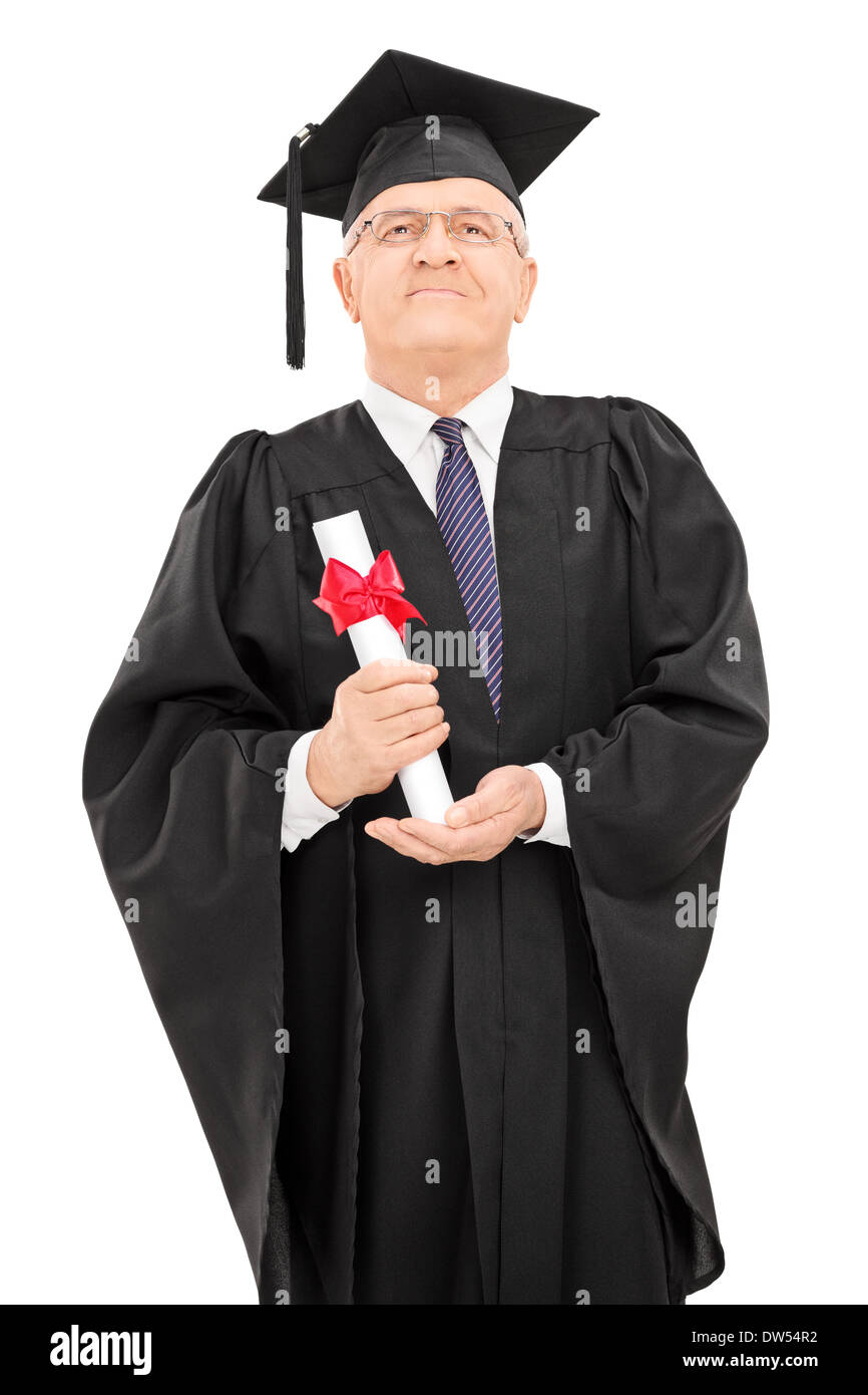 Stolz Erwachsener Schüler stolz hält sein Diplom Stockfoto