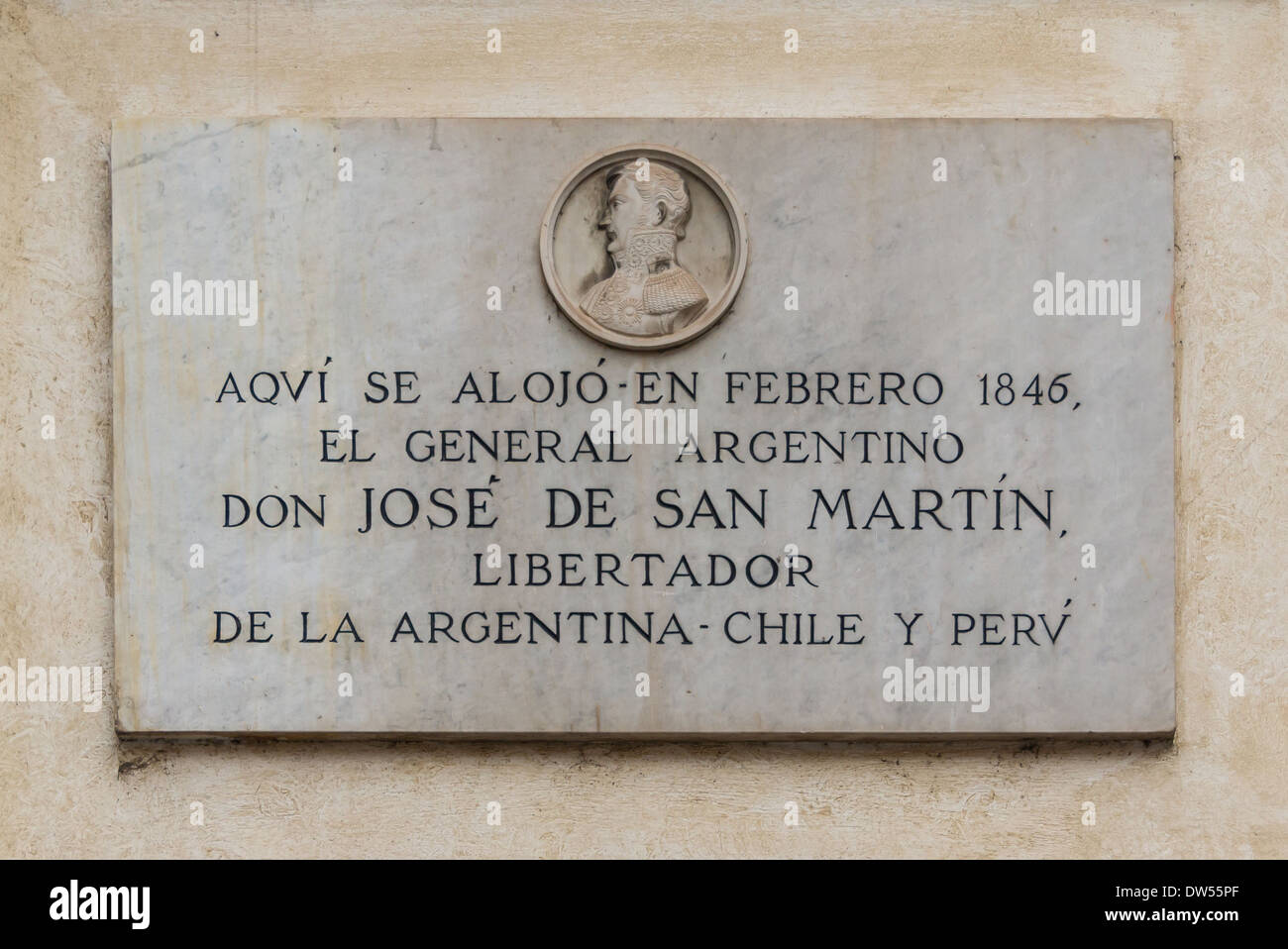 Hier lebte Plaque von General San Martin in Rom, 1846. Rom, Italien. Stockfoto