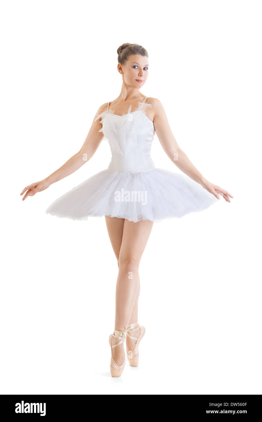 schöne Ballerina in klassischen Tutu auf weißem Hintergrund Stockfoto