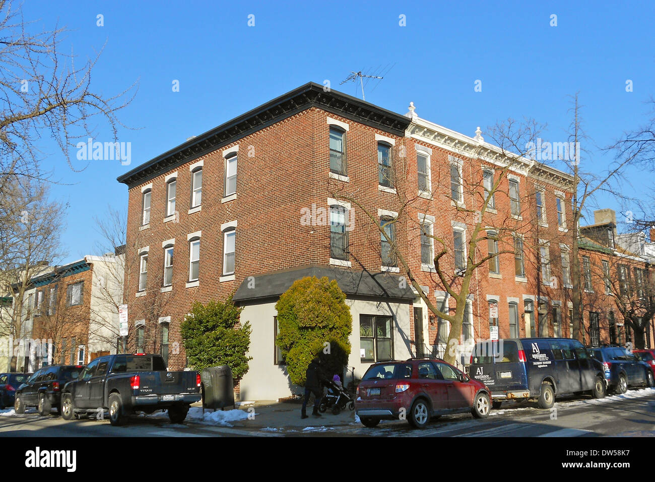 Der Ramcat Historic District in Philadelphia wurde am 8. Januar 1986 in das National Register of Historic Places (NRHP) aufgenommen. Sie wird von Market, 23rd und Bainbridge Street begrenzt und umfasst eine Sammlung historischer Häuser, die die architektonische Bedeutung der Gegend widerspiegeln. Das Viertel liegt in der Nähe des Rittenhouse Square West Viertels und der Bahnhöfe. Stockfoto