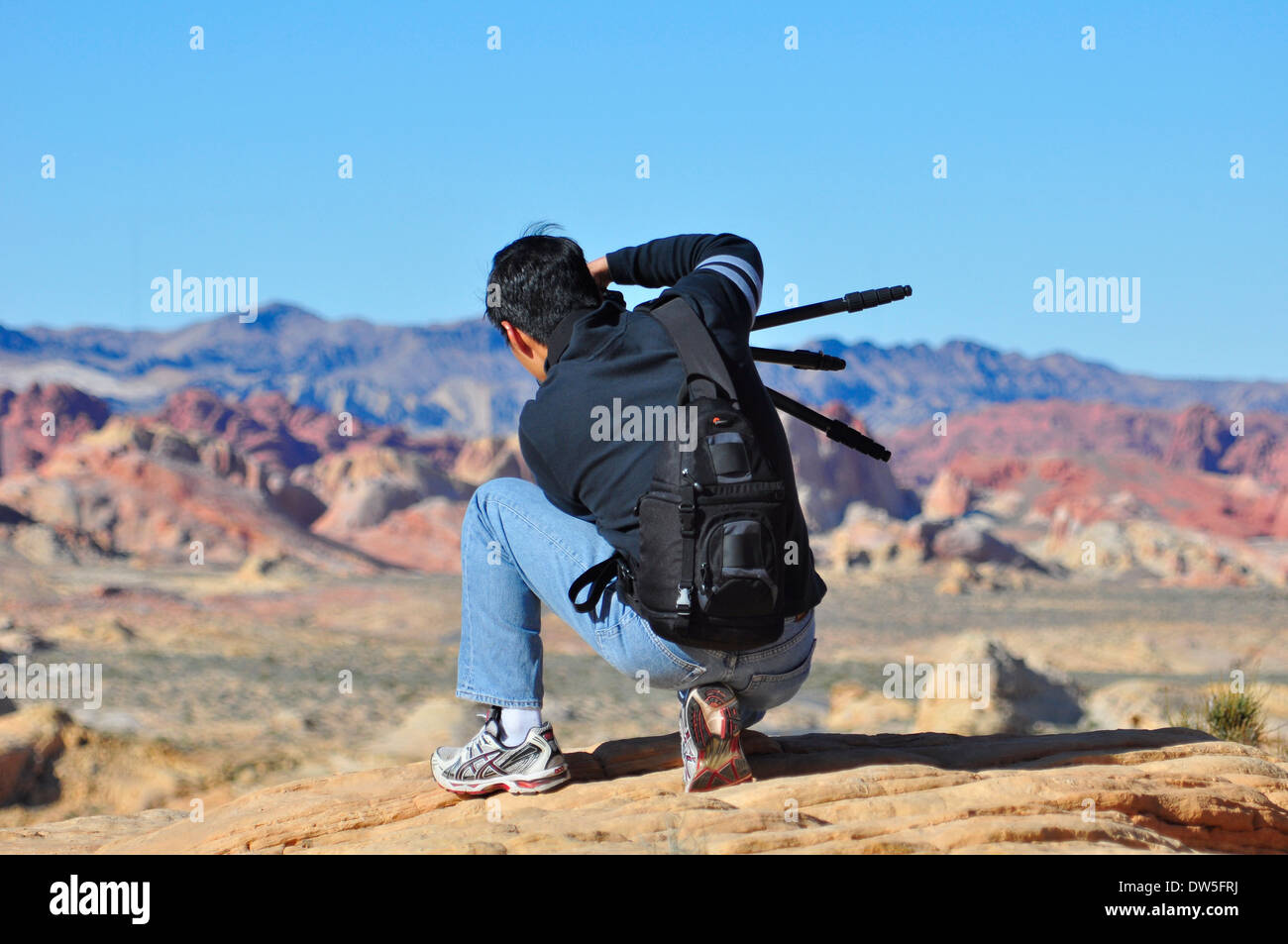 Unsachgemäße Verwendung des Stativs von Amateur-Fotografen im Valley of Fire, Nevada, USA Stockfoto