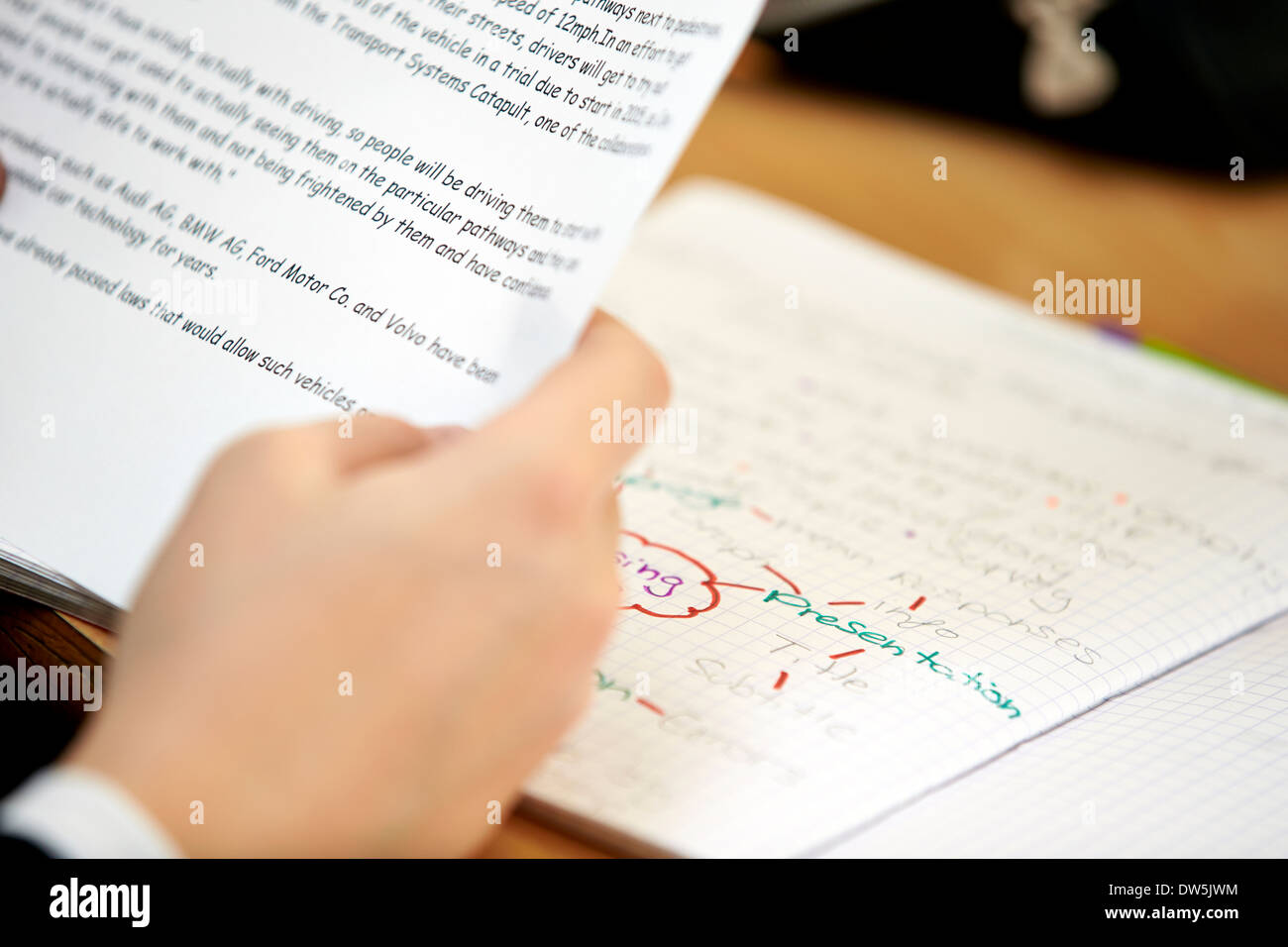 Ein Schüler liest Fragen und Text während einer Schulstunde Stockfoto