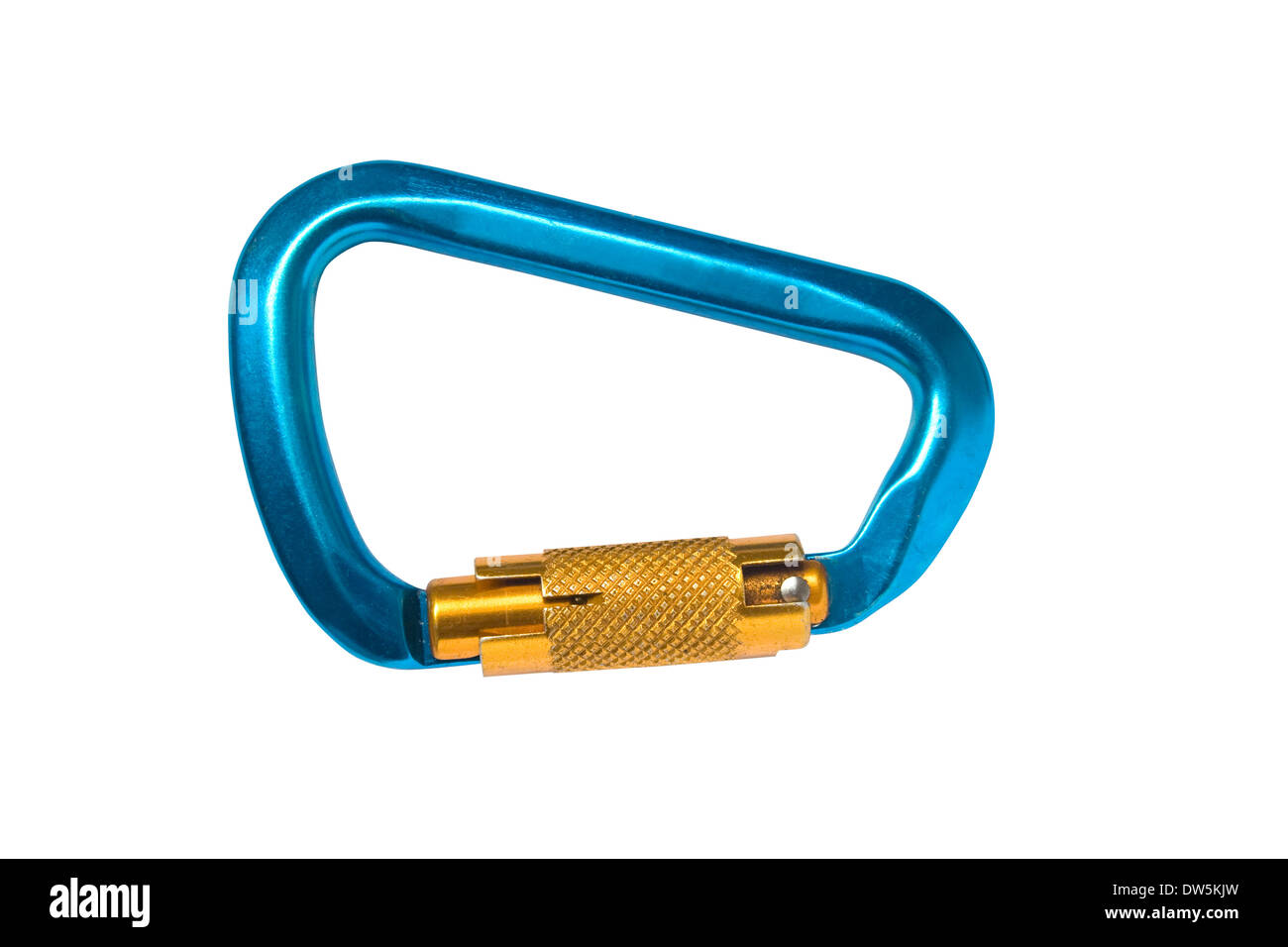 Nahaufnahme eines blauen Karabiners isoliert auf weiß Stockfoto