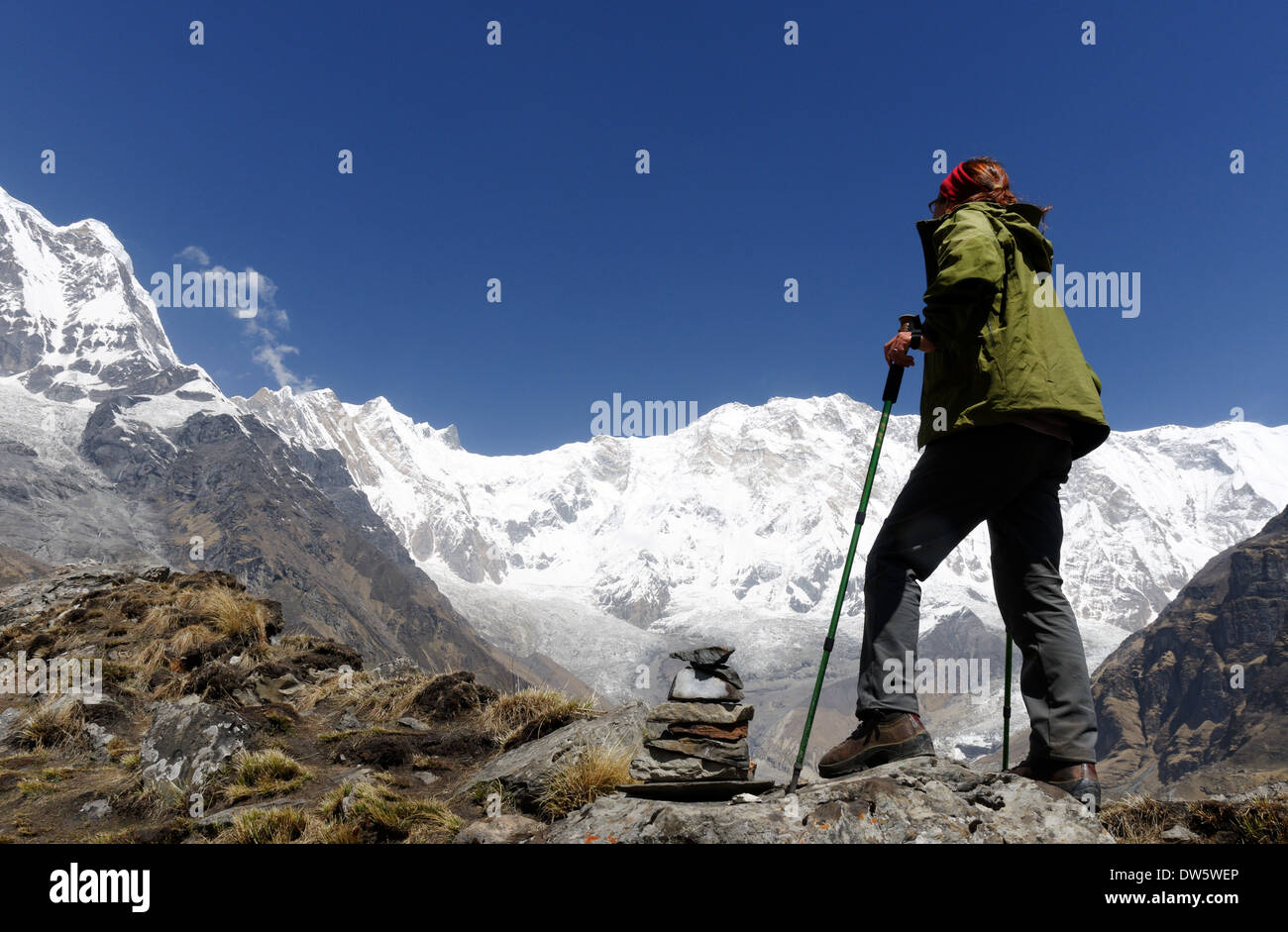 Eine Dame Trekker bewundern die riesige Landschaft im Annapurna Sanctuary, Nepal Stockfoto