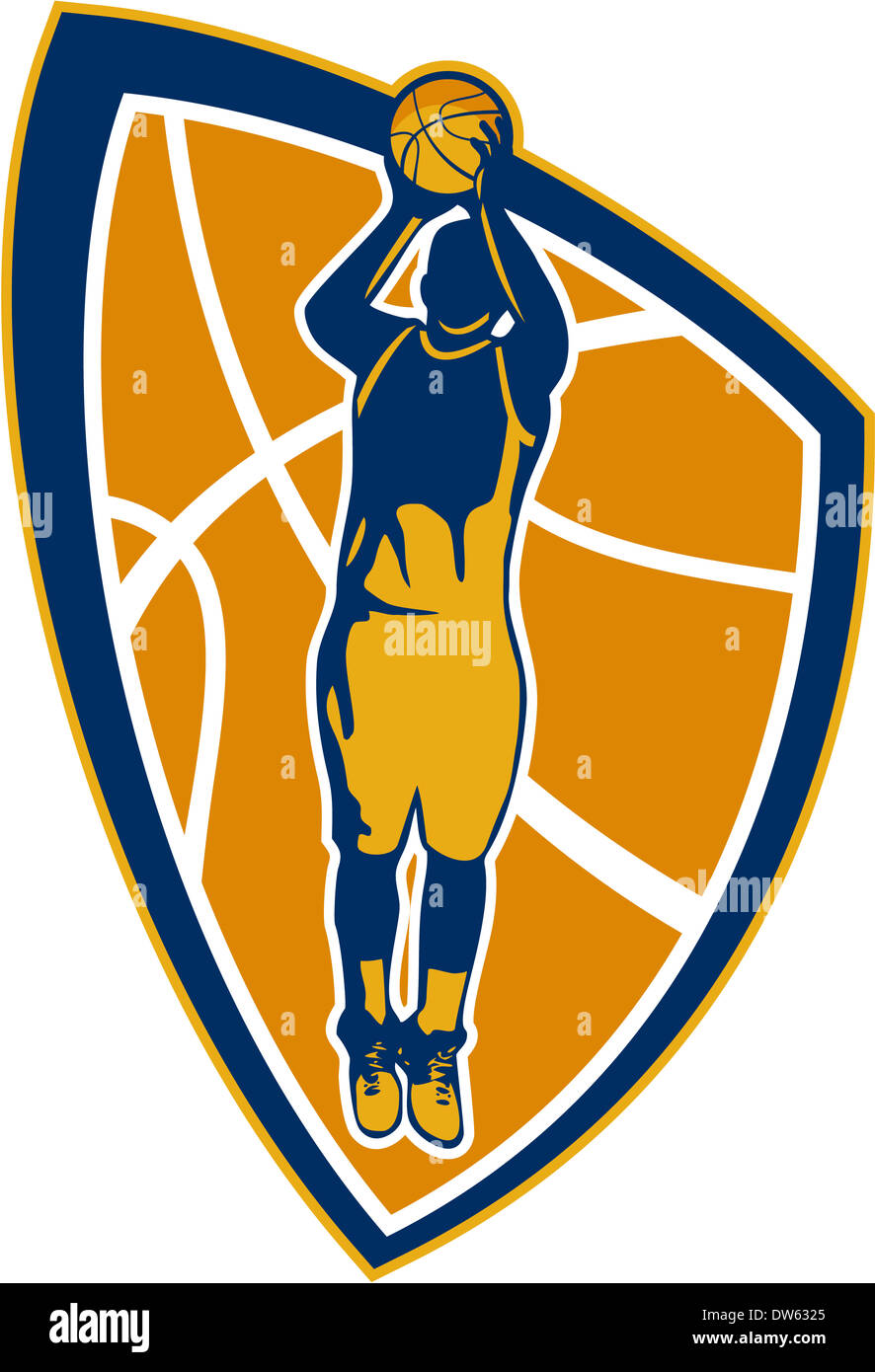 Illustration der Basketball-Spieler Sprungwurf Jumper springen Satz innen Schild Wappen auf isolierten weißen Hintergrund schießen. Stockfoto