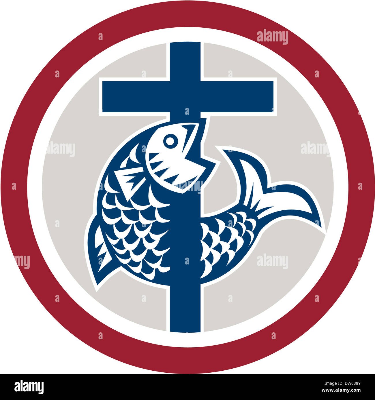 Abbildung eines Fisches auf ein Kreuz, eine christliche Religion Symbol Iconset im inneren Kreis auf isolierte Hintergrund darstellt. Stockfoto