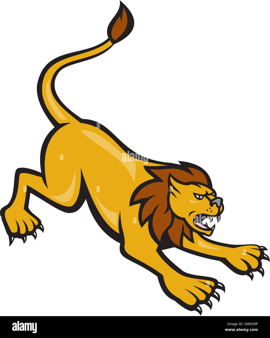 Abbildung von einem wütenden Löwen Raubkatze Angriff betrachtet von Seite isoliert Hintergrund getan im Cartoon-Stil. Stockfoto
