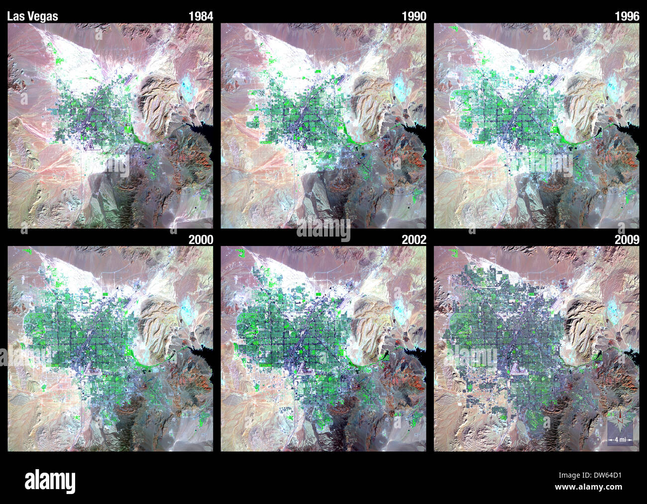 Las Vegas hat einen massiven Wachstumsschub erlebt. Die Ausdehnung der Stadt wird hier mit einer Reihe von Falschfarben-Bilder angezeigt. Stockfoto