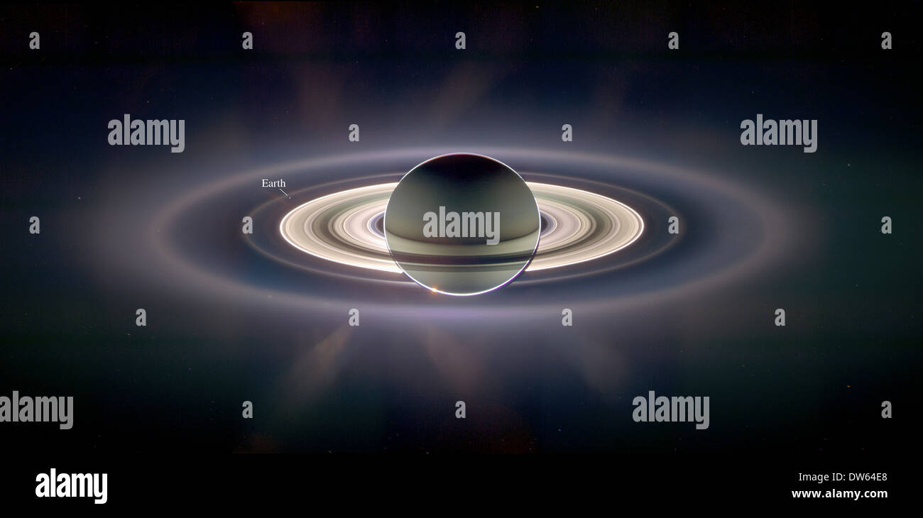 Saturn, wie gesehen von Cassini von einem Aussichtspunkt Blick zurück in  Richtung der Sonne mit der Erde in die Ringe sichtbar in der oberen linken  Ecke Stockfotografie - Alamy