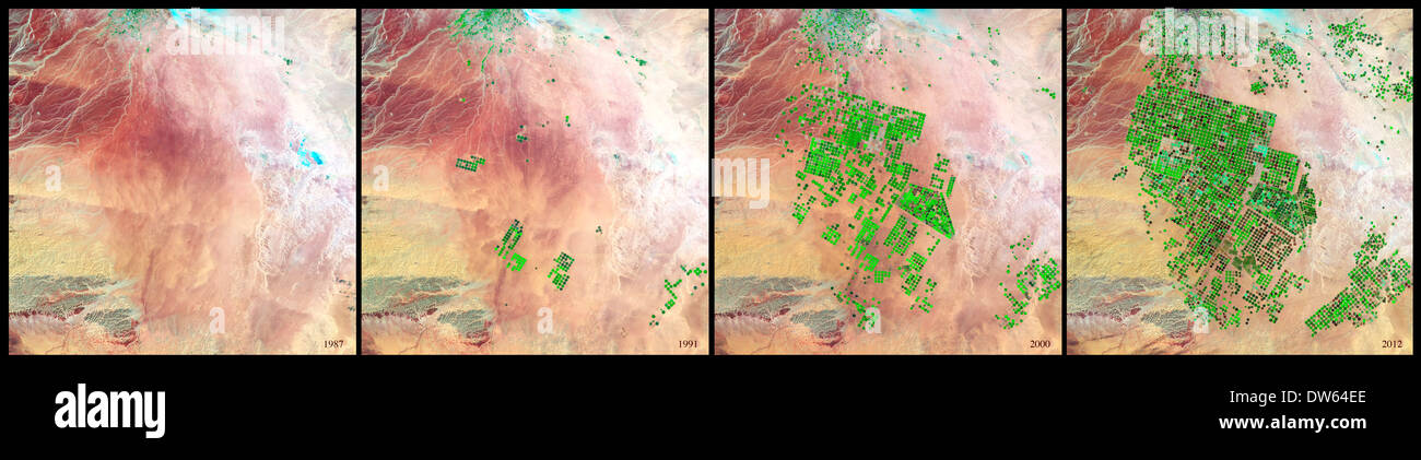 Bewässerung in der Saudi-arabischen Wüste wie vom Weltraum aus gesehen Stockfoto