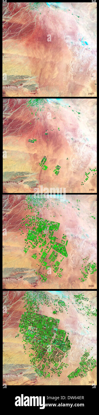 Bewässerung in der Saudi-arabischen Wüste wie vom Weltraum aus gesehen Stockfoto