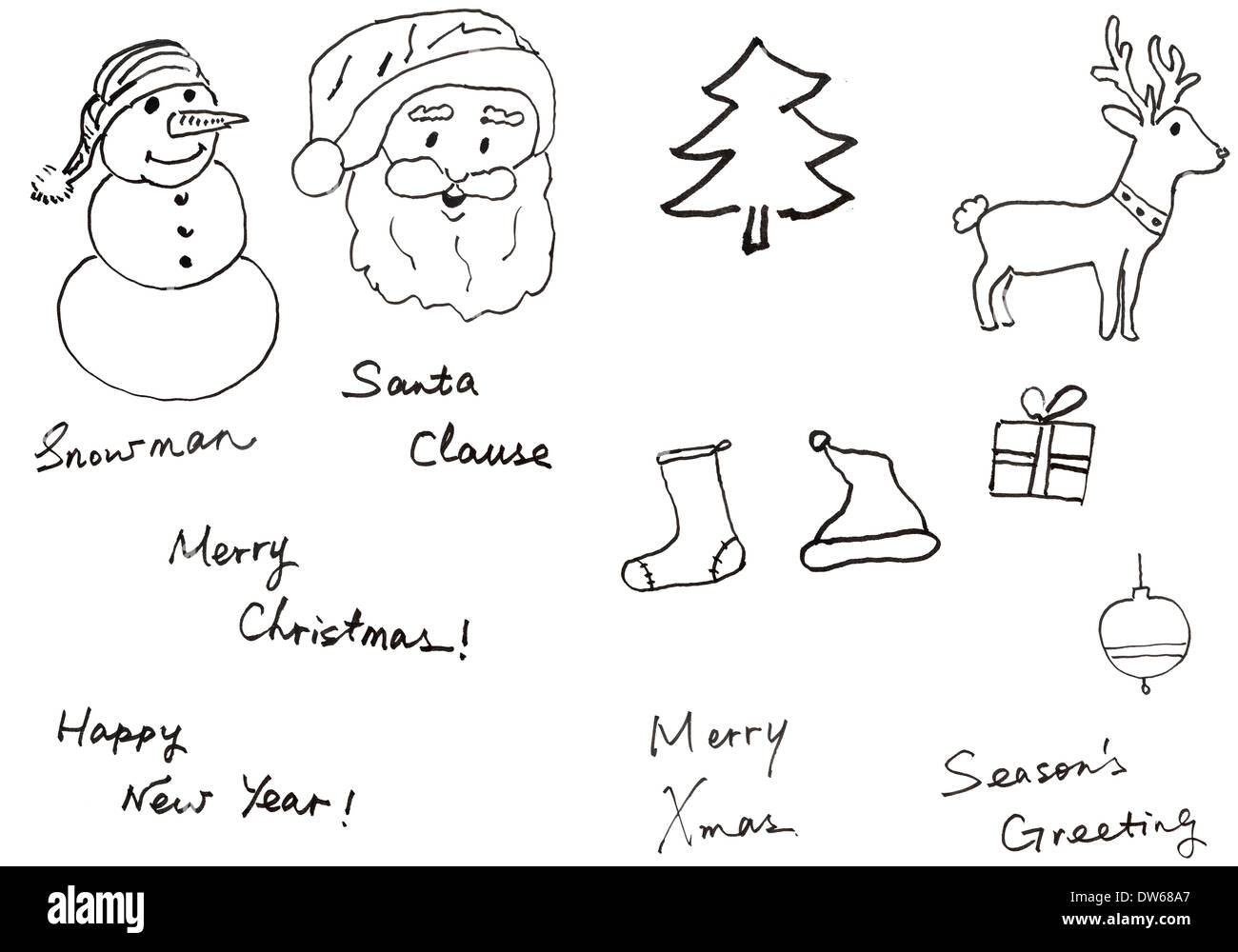 Weihnachten-Konzept Symbole gezeichnet auf weißem Hintergrund Stockfoto