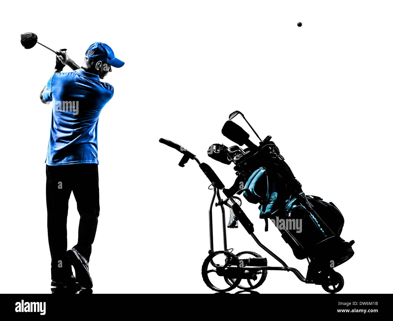 ein Mann Golfer Golf Golfbag im Silhouette Studio isoliert auf weißem Hintergrund Stockfoto