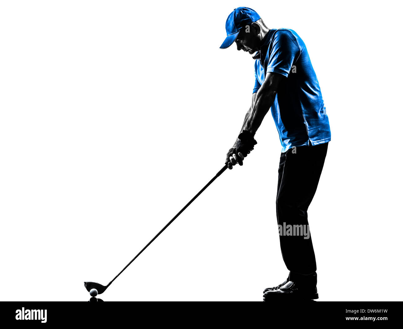 ein Mann Golfer Golf Golfschwung Silhouette Studio isoliert auf weißem Hintergrund Stockfoto