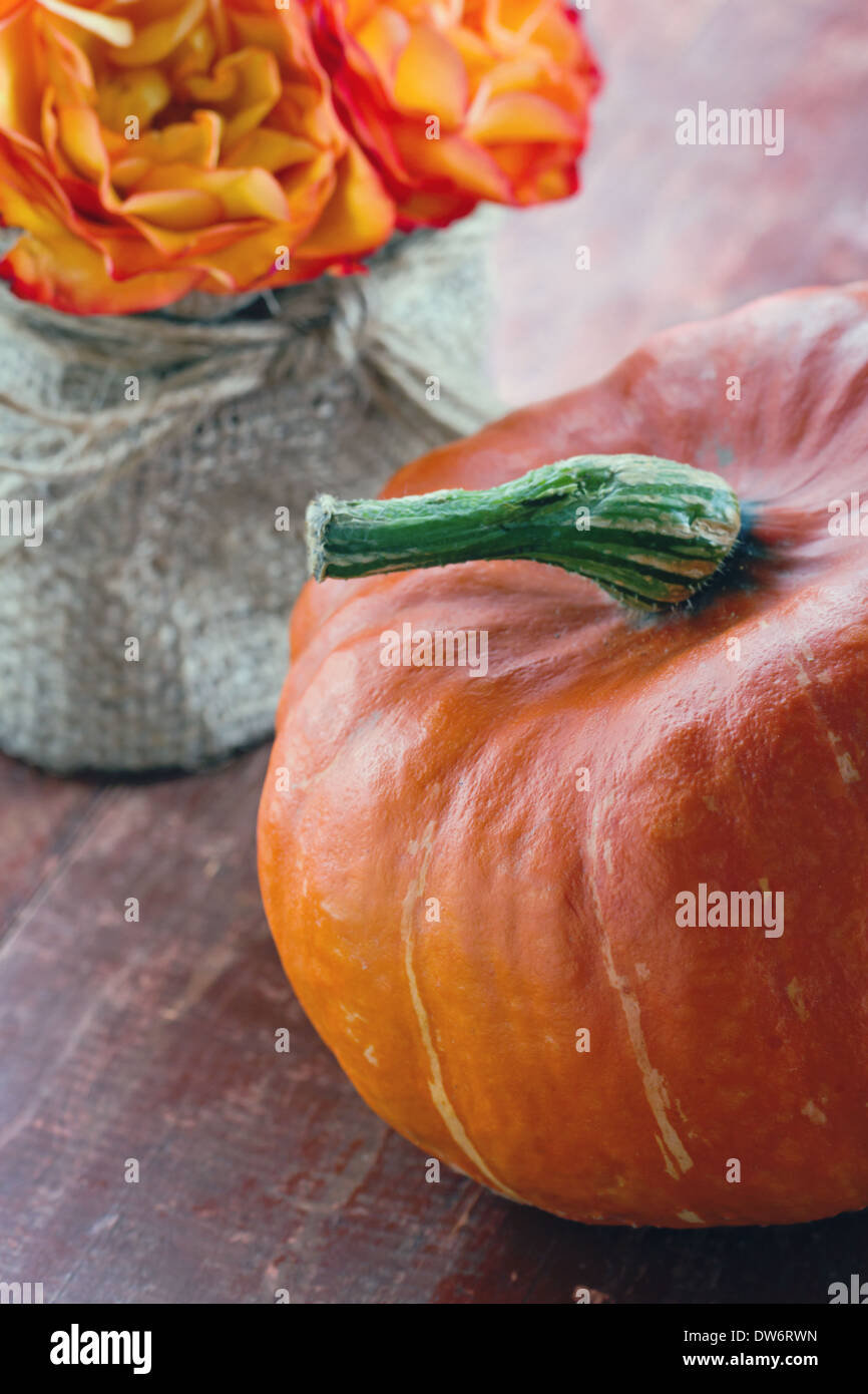 Orange Halloween-Kürbis und Blumen auf rotem Holz rustikal Stockfoto