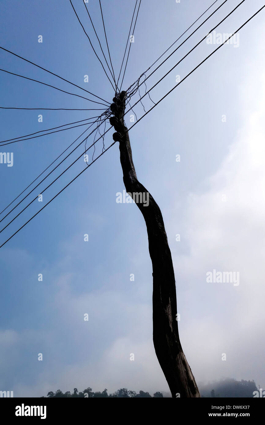 Baumstamm Pol Supporing Draht mit Strom aus einem kleinen Wasserkraftwerk in der Gorkha Region Nepals. Stockfoto