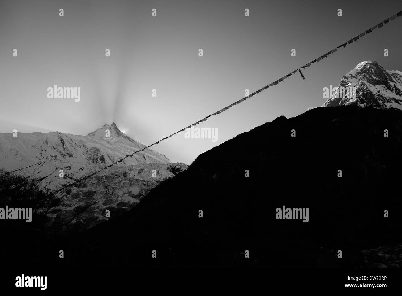 Manaslu und Gebet Fahnen bei Sonnenuntergang. 8156 Metern (26.759) Manaslu ist der achte höchsten Gipfel auf dem Planeten. Stockfoto