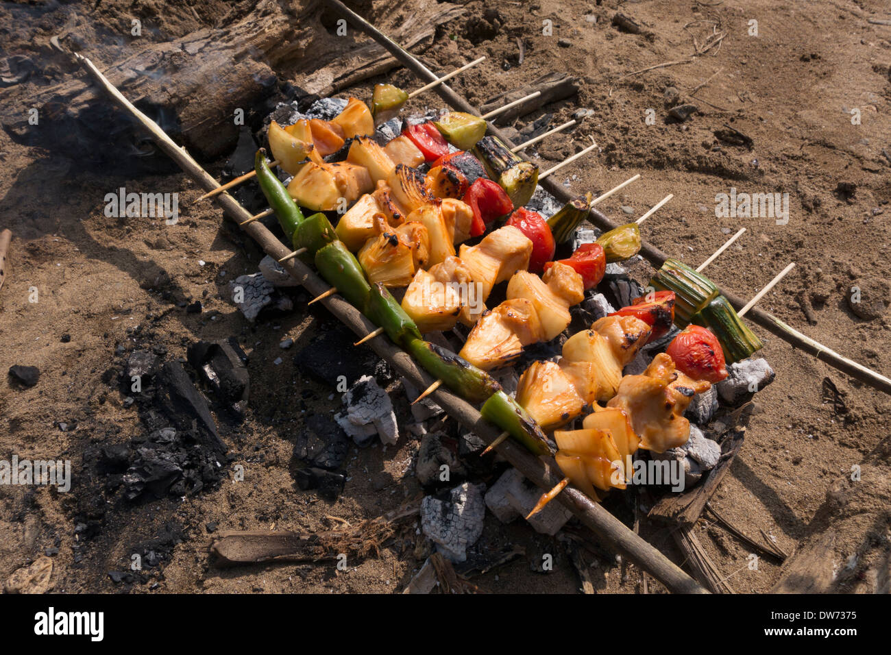 Shish Kabobs Kochen über einem Lagerfeuer, Provinz Vientiane, Laos. Stockfoto