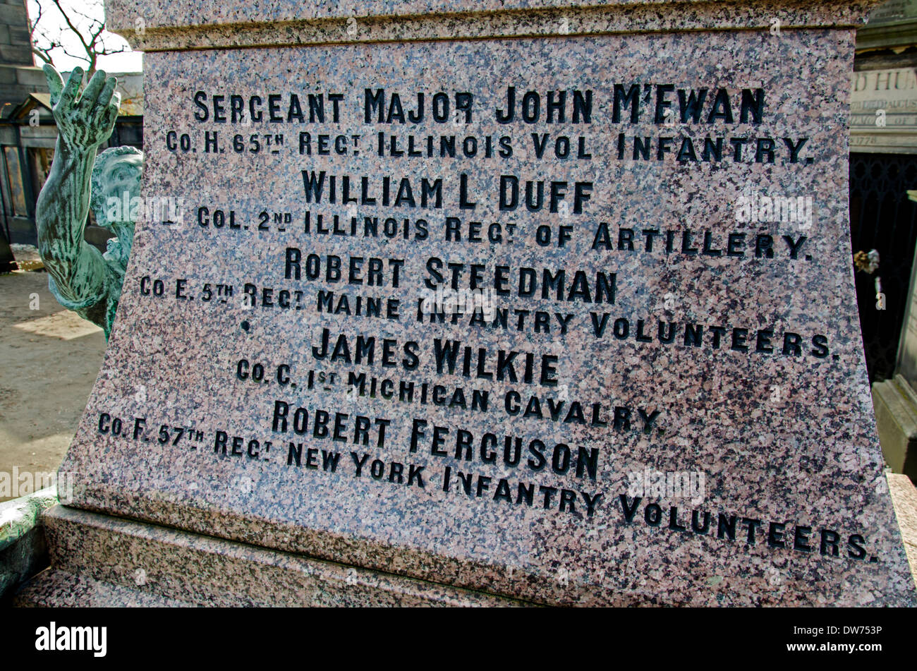 Detail der Inschrift auf dem Denkmal schottischen Amerikanern, die im amerikanischen Bürgerkrieg, alte Calton Burial Ground gekämpft. Stockfoto