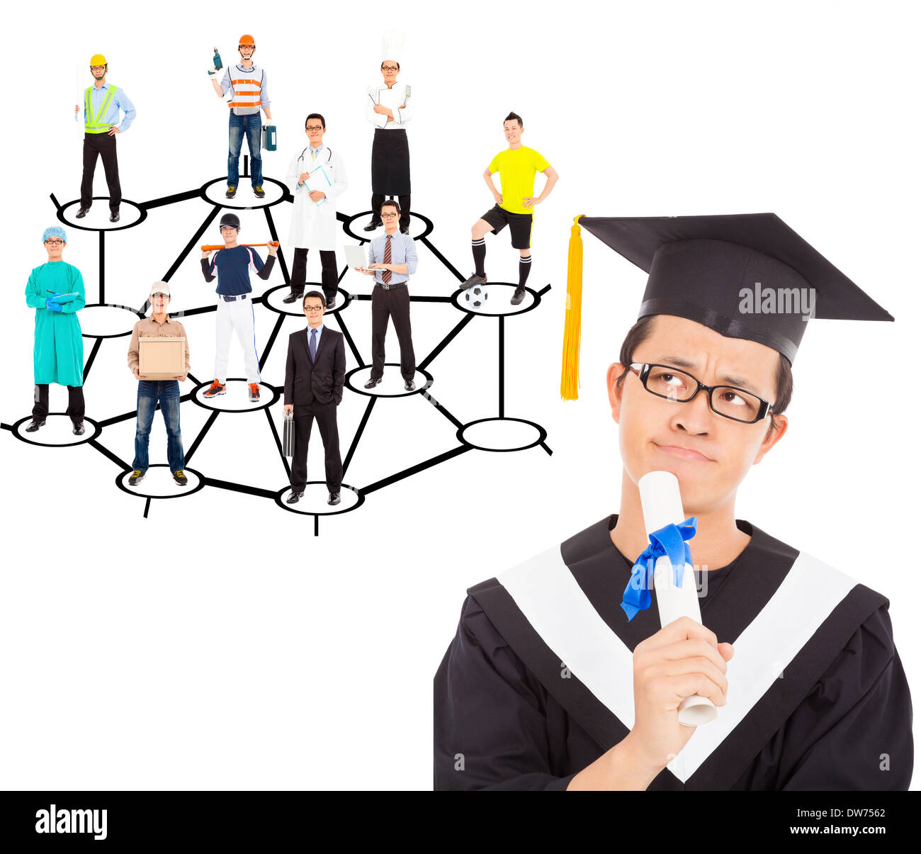 Graduate Nachdenken über seine Karriereplanung über weiß Stockfoto