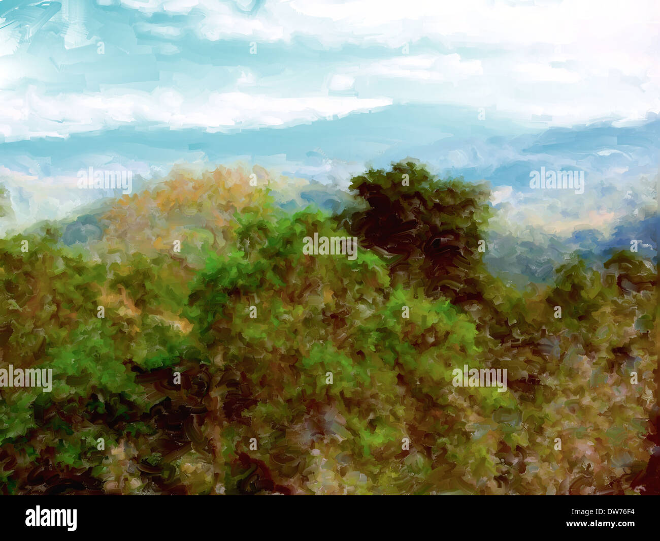 Gemälde einer natürlichen Landschaft im Norden Thailands mit Doi Inthanon im Hintergrund Stockfoto