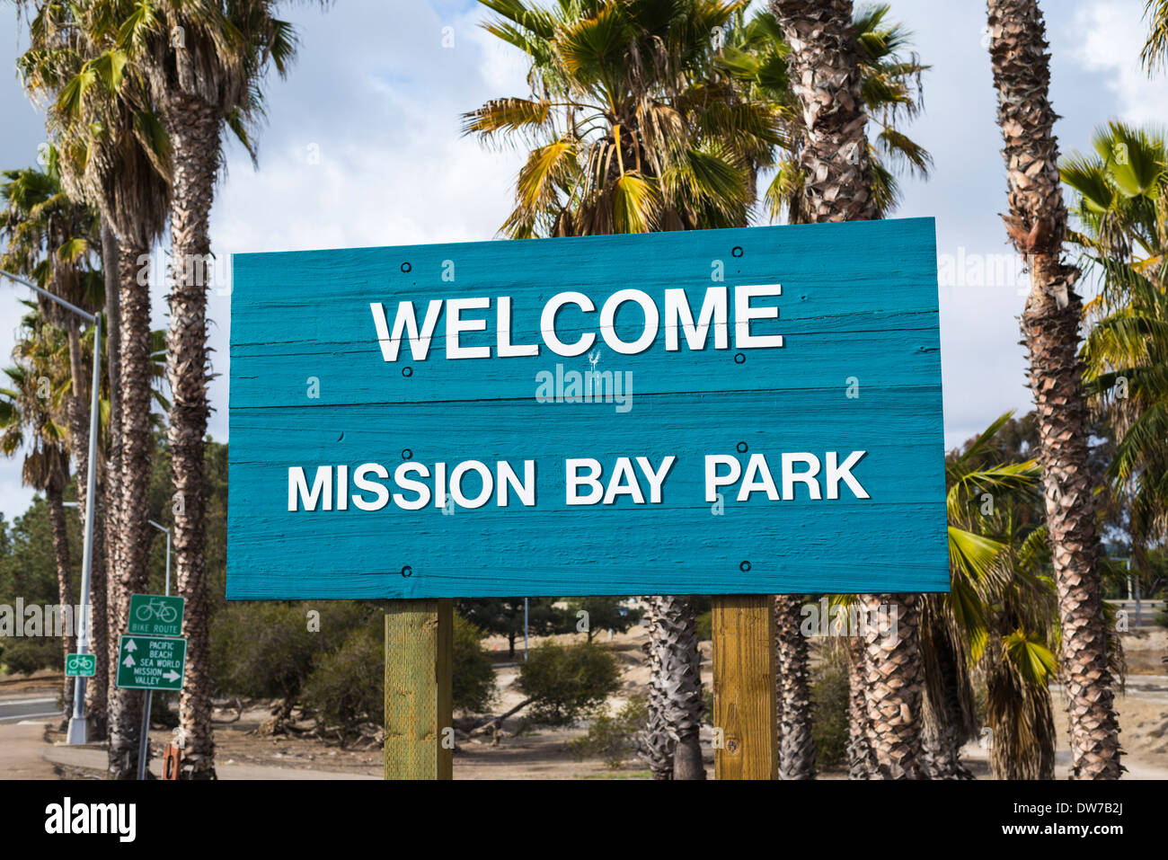 Herzlich Willkommen Sie in Mission Bay Park Zeichen. San Diego, California, Vereinigte Staaten von Amerika. Stockfoto