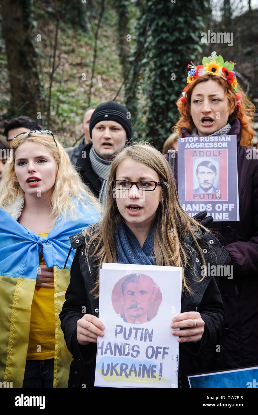 Brüssel, Belgien. 2. März 2014. Ukrainische Demonstranten während einer Demonstration vor Russland Botschaft in Brüssel auf 02.03.2014 Automaidan â?? eine organisierte Auto Prozession beendet vor der das Gebäude der Botschaft zum protest gegen Russlands aggressive Politik gegenüber der Ukraine Wiktor Dabkowski Kredit: Dpa picture-Alliance/Alamy Live News Stockfoto