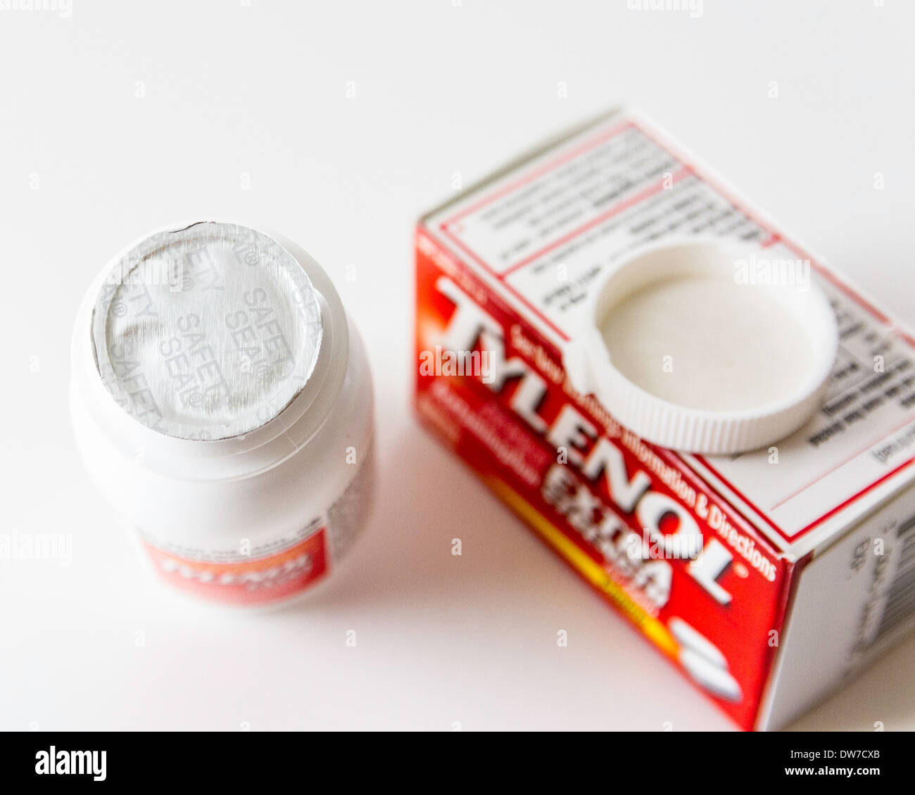 Tylenol Pille und Container mit Sicherheitssiegel Stockfoto