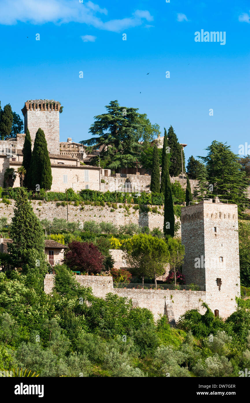 Spello, Umbrien, Italien. Panorama von Spello, berühmte der ganzen Welt für seine feine und preisgekröntes Olivenöl Stockfoto