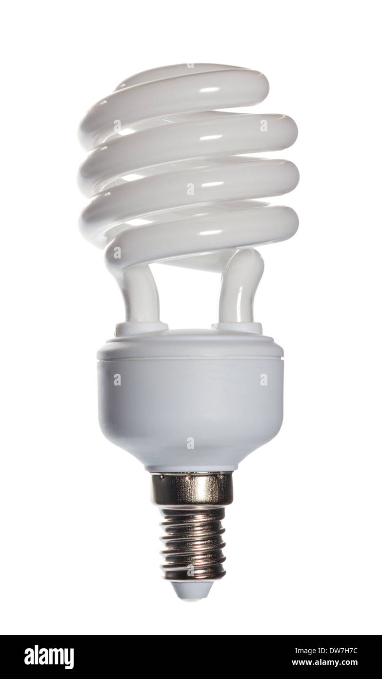 Spirale energiesparende kompakte Leuchtstoff Glühlampe auf weißem Hintergrund. Stockfoto