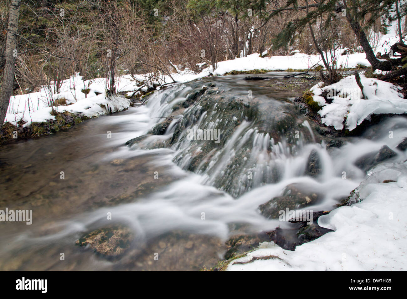 Ein schöner Wasserfall im Winter im Big Hill Springs Provincial Park in Alberta, Kanada Stockfoto