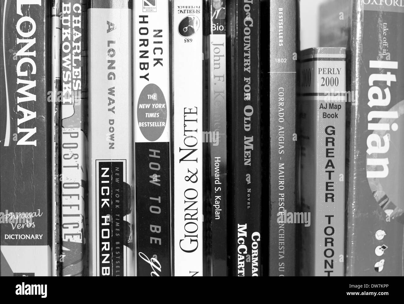 Bücher, Romane und Guides auf einem Regal in einem Haus in Toronto, Kanada Stockfoto