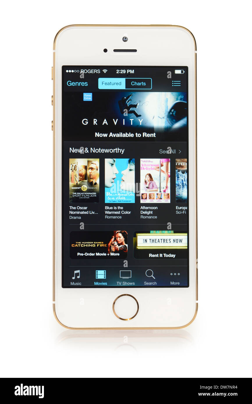 iTunes Filme auf iPhone 5 s-Bildschirm, Auswahl, Liste, Menü, Movie Store, App, iPhone 5 S Stockfoto