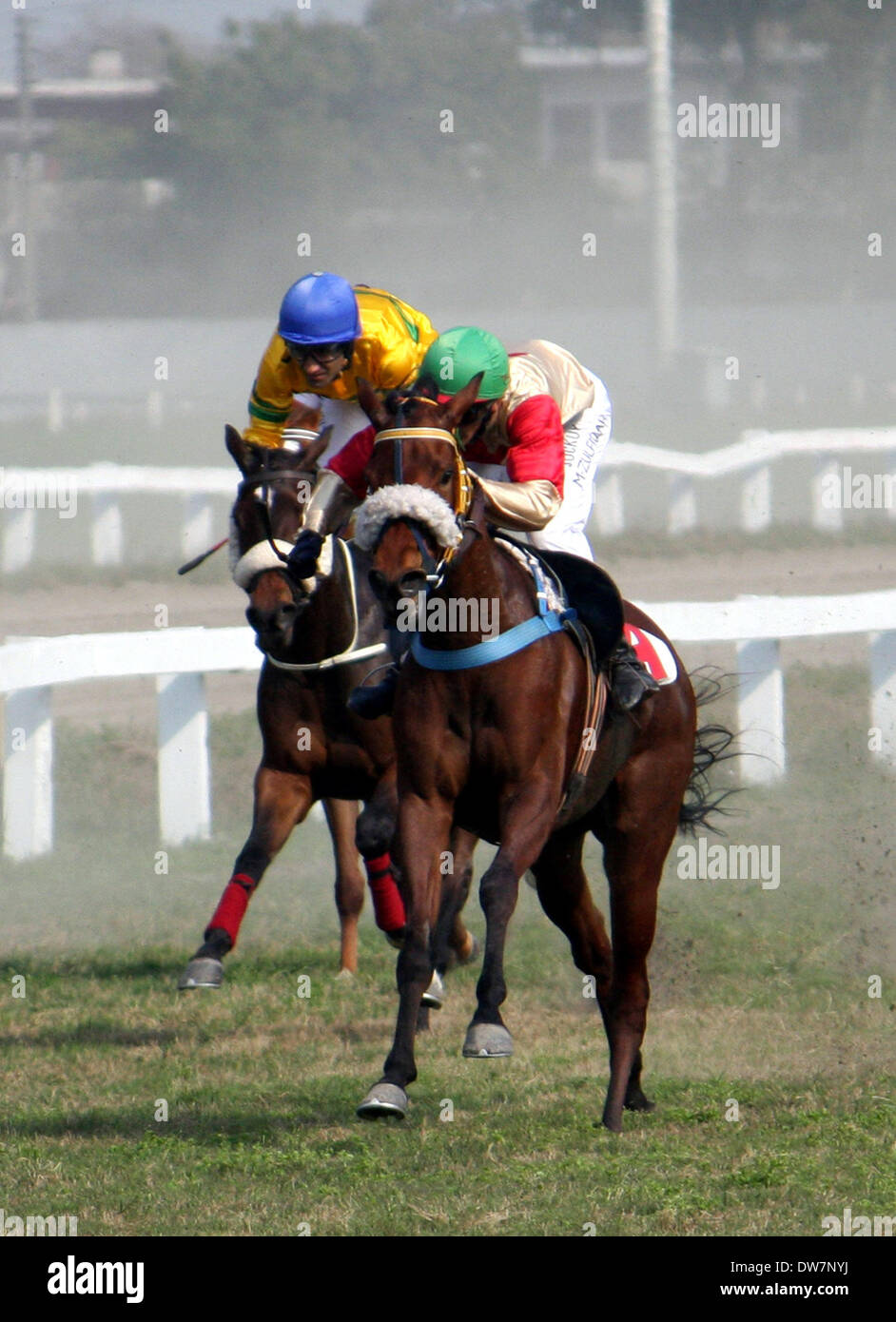 Lahore. 2. März 2014. Pakistanische Jockeys Reiten ihre Pferde während der jährlichen Derby Pferderennen in Lahore Race Club im östlichen Pakistan Lahore auf 2. März 2014. Bilal Ahmed auf Incredibill ersten Platz beim Rennen in Lahore Race Club Credit: LRC). (Jamil Ahmed/Xinhua/Alamy Live-Nachrichten Stockfoto