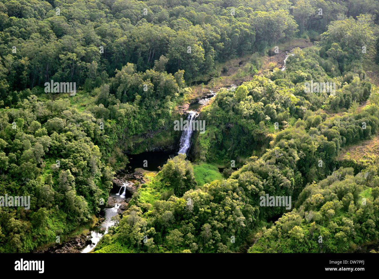 Luftaufnahme des Wasserfalls in der Hilo-Seite von Big Island, Hawaii, USA Stockfoto