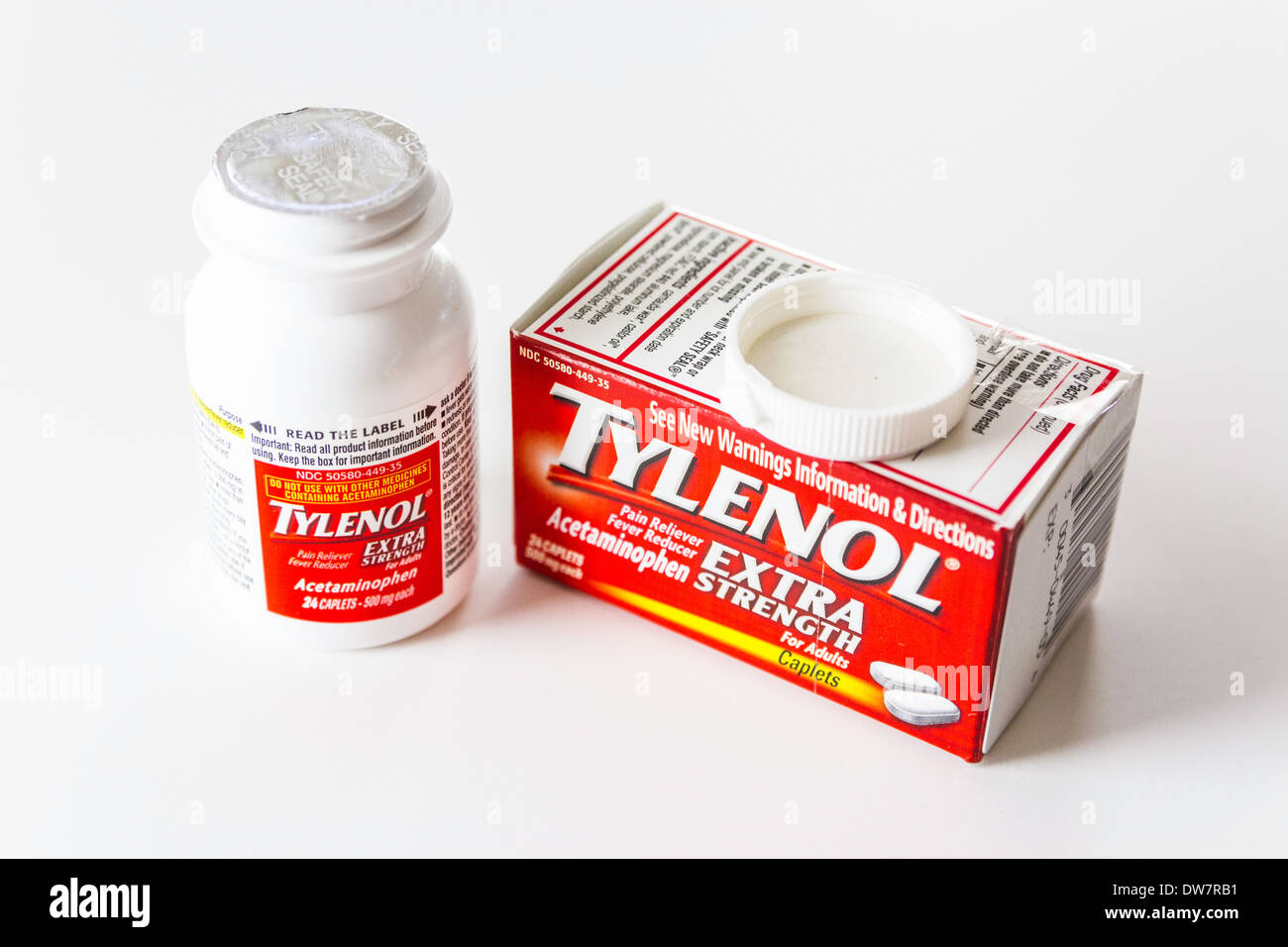 Tylenol Pille und Container mit Sicherheitssiegel Stockfoto