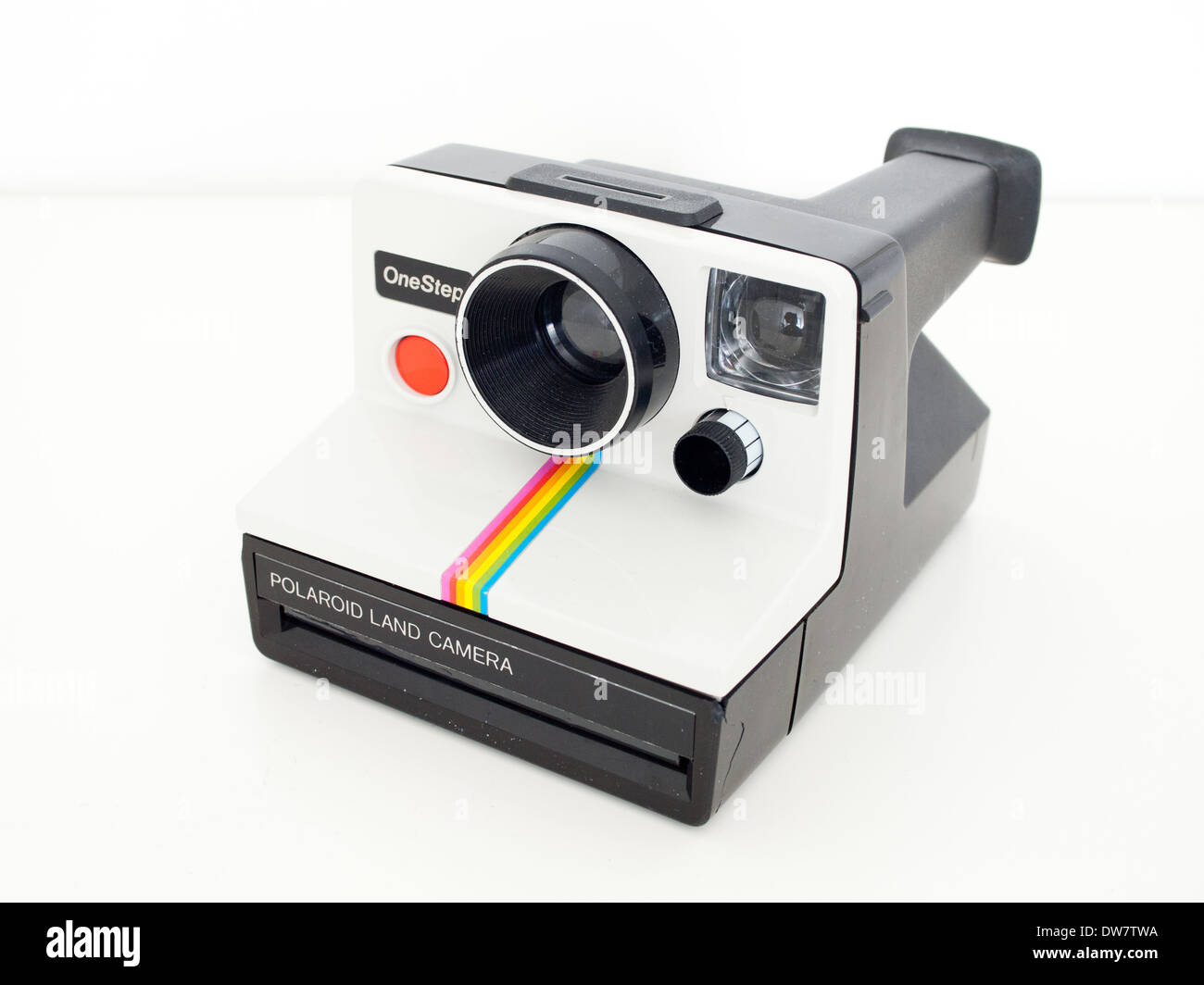 Ein Polaroid OneStep SX-70 Land Camera.  (Polaroid OneStep weiß und Regenbogen gestreift Kamera). Stockfoto