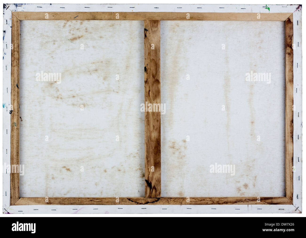 Zurück Seite Ansicht Hintergrund der echten alten Holzrahmen mit Öl gemalt weiße Leinwand. Isoliert Stockfoto