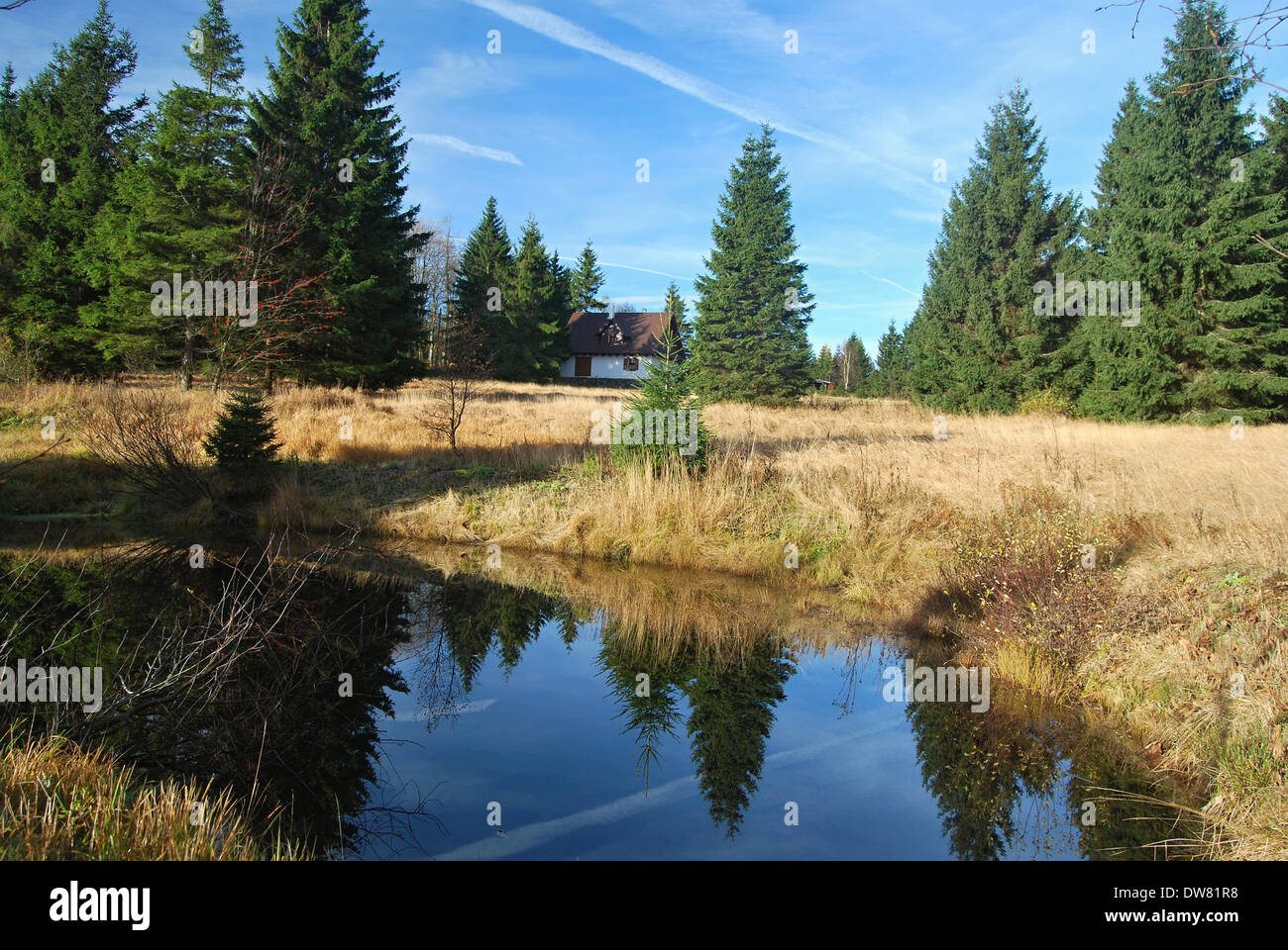 kleinen See auf der Orlicke Hory Bergen in der Nähe von Destne V Orlickych Horách Stockfoto