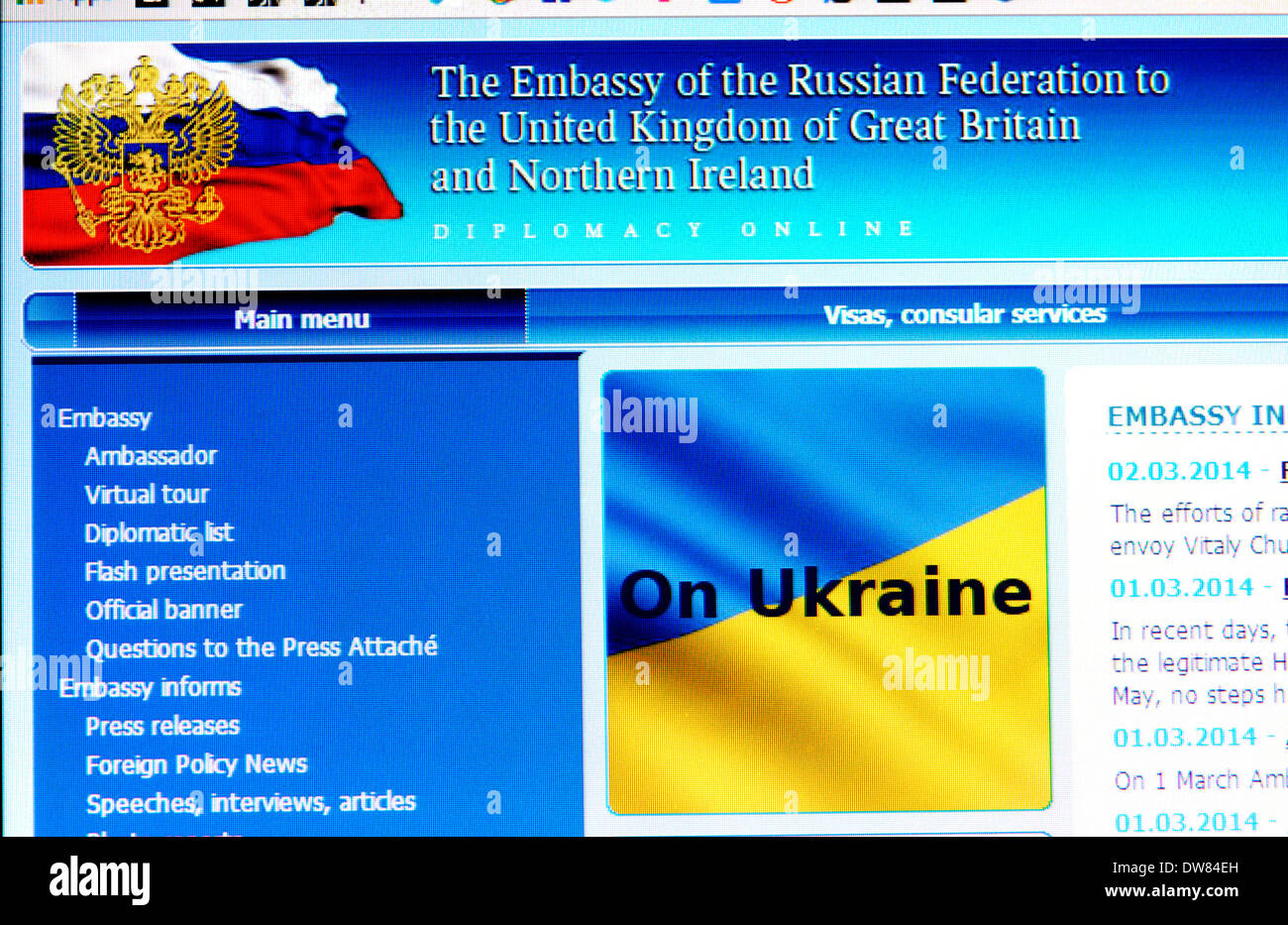 Computer-Screenshot: Website der russischen Botschaft in London Stockfoto