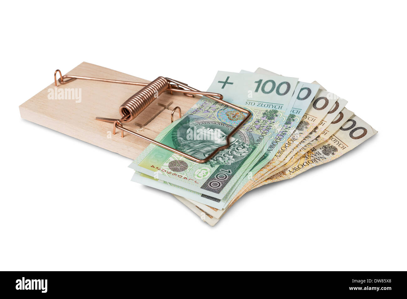Mausefalle mit polnischen Zloty, isoliert auf weiß. Stockfoto