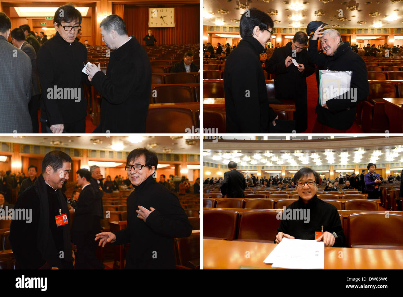 (140303)--Peking, 3. März 2014 (Xinhua)--das kombinierte Foto aufgenommen am 3. März 2014 zeigt wie Schauspieler Jackie Chan (oben links, L), ein Mitglied des 12. Nationalkomitees der chinesischen politischen Beratenden Konferenz (CPPCC), seinen Sitz unter Hilfe von Kolleginnen und Kollegen Regisseur Feng Xiaogang (oben links, R), darstellende Künstlerin Zhao Benshan (oben rechts, R) finden und Schauspieler Zhang Guoli (unten links L), vor der Eröffnungssitzung der zweiten Sitzung des 12. Nationalkomitees der PKKCV in der großen Halle des Volkes in Peking, Hauptstadt von China. Die zweite Sitzung der 12. Nation Stockfoto