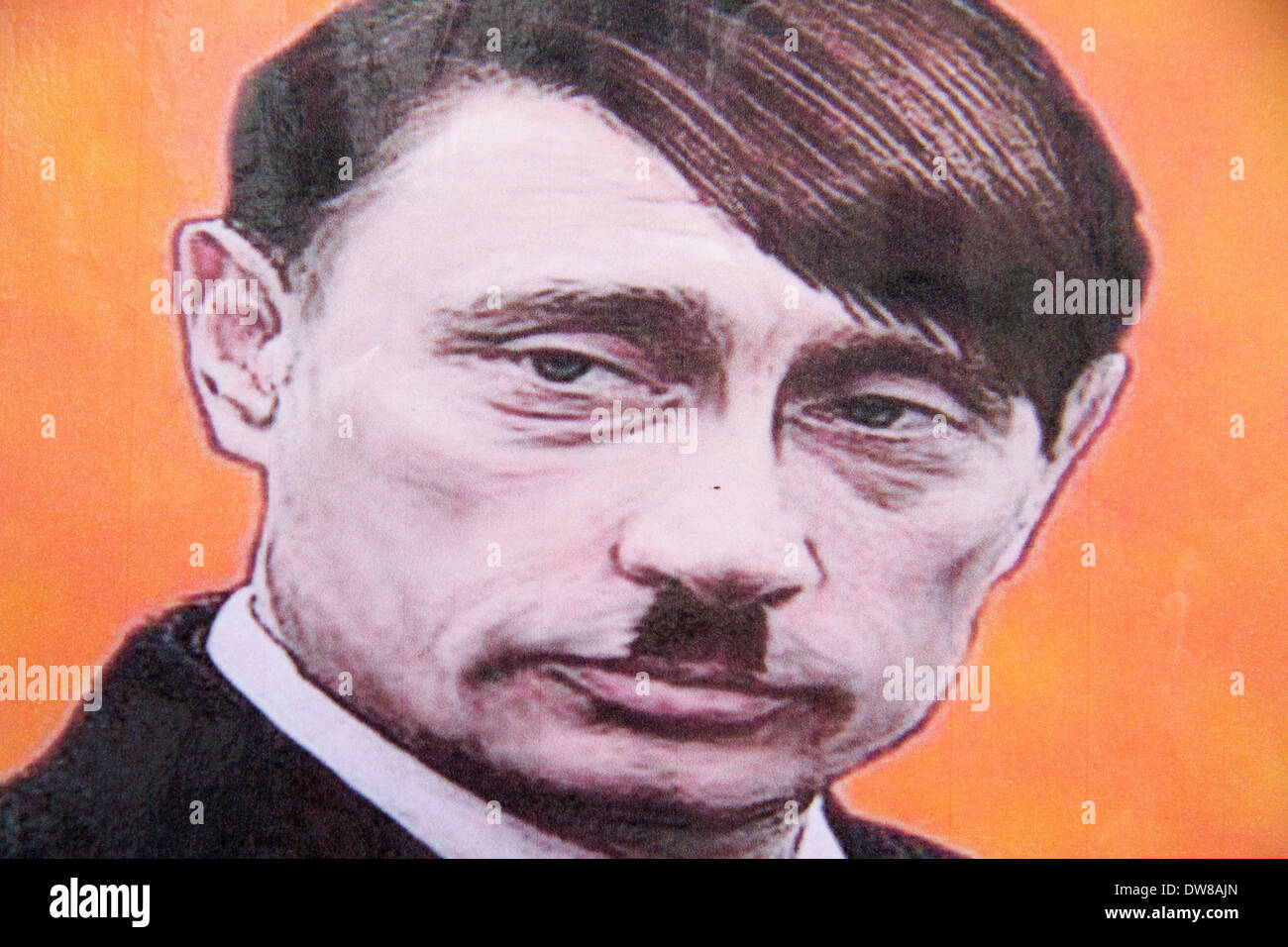 Westminster London, UK 3. März 2014. Der russische Präsident Vladimir Putin wird als die faschistischen Führer Adolf Hitler von ukrainischen Demonstranten außerhalb Downing Street dargestellt nach russische Militärintervention auf der Krim Stockfoto