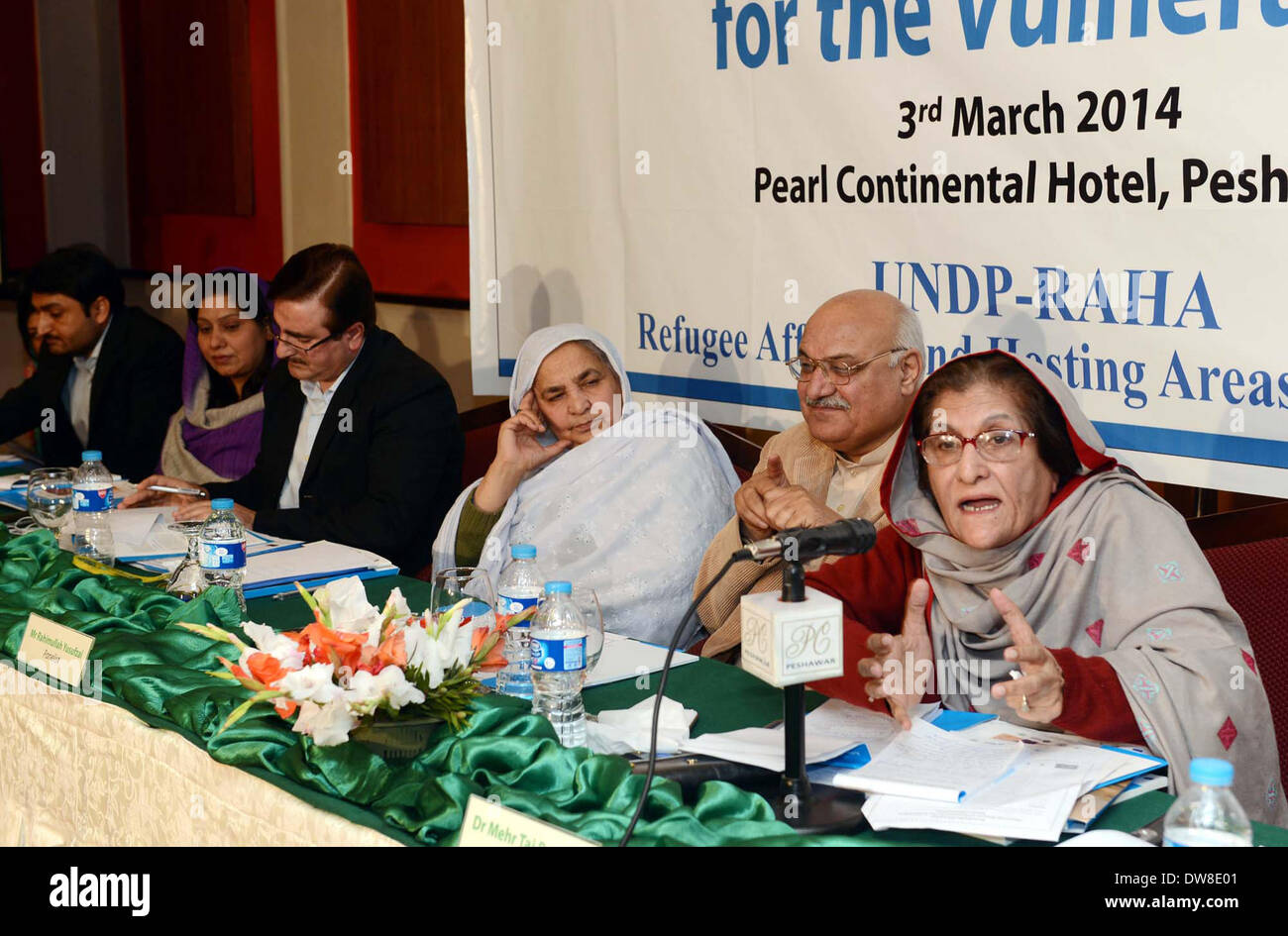 Khyber Pakhtunkhwa soziale Wohlfahrt Abteilung Special Assistant to CM, Prof. Dr. Mehar Taj Roghani Adressen im Round-Table-Gespräch zur Verbesserung der Wege der Hilfe für die Flüchtlinge betroffen und Hosting Bereiche (RAHA) veranstalteten verwundbar statt im lokalen Hotel in Peshawar am Montag, 3. März 2014. Stockfoto