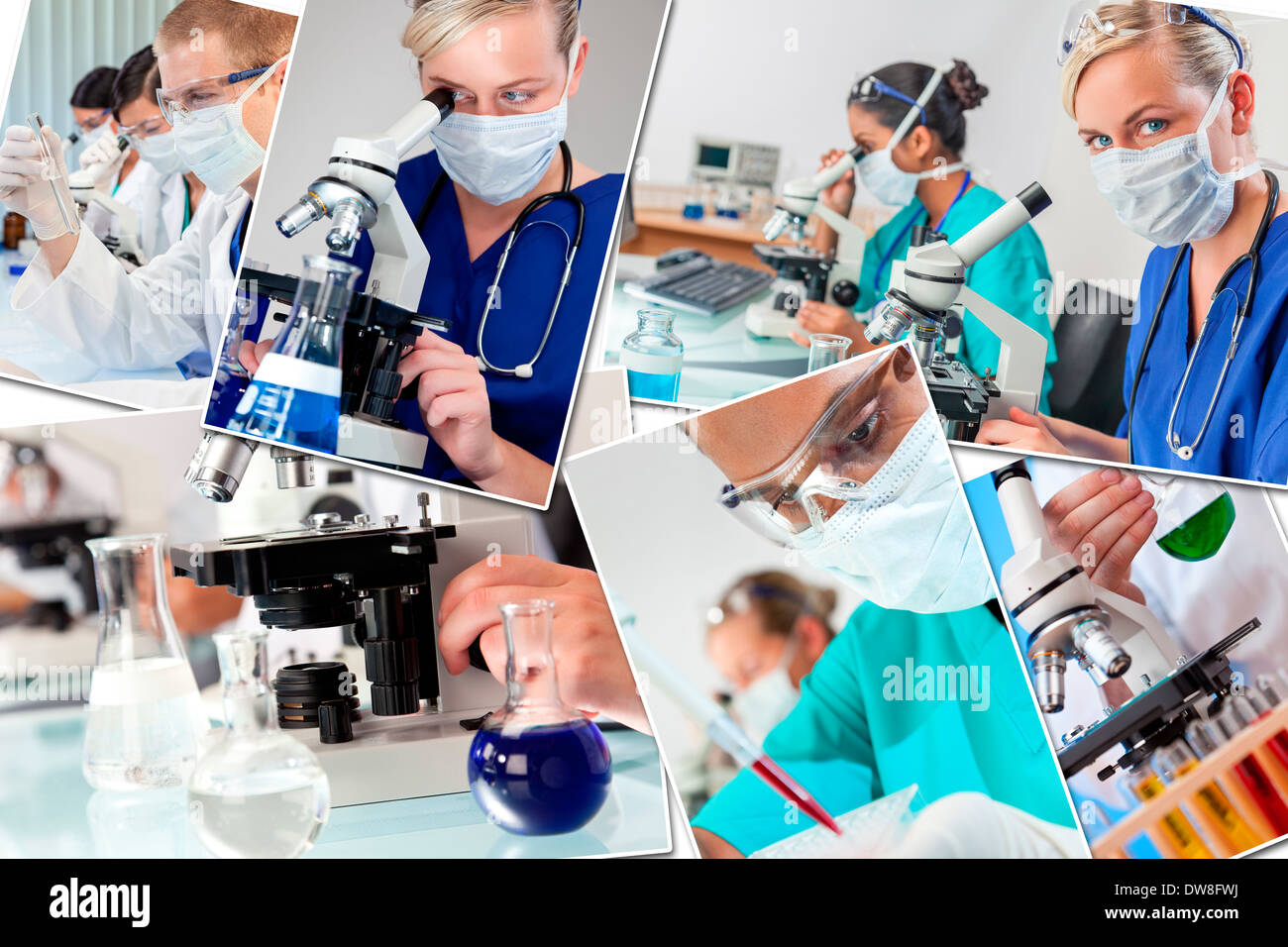 Montage von interracial medizinische Menschen, Männer, Frauen, Ärzte, Krankenschwestern, research-Team im Krankenhauslabor Analyse von Proben Stockfoto