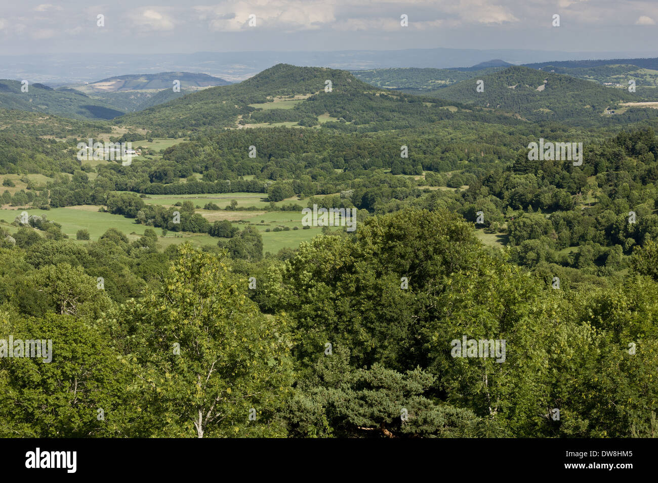Blick auf die bewaldeten vulkanischen Hügellandschaft nach Osten von Murol Auvergne Frankreich August Stockfoto